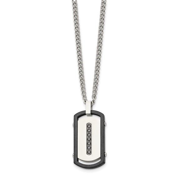 Stainless Steel Brushed/Polished Black IP Rim w/Black CZ Dog Tag Necklace