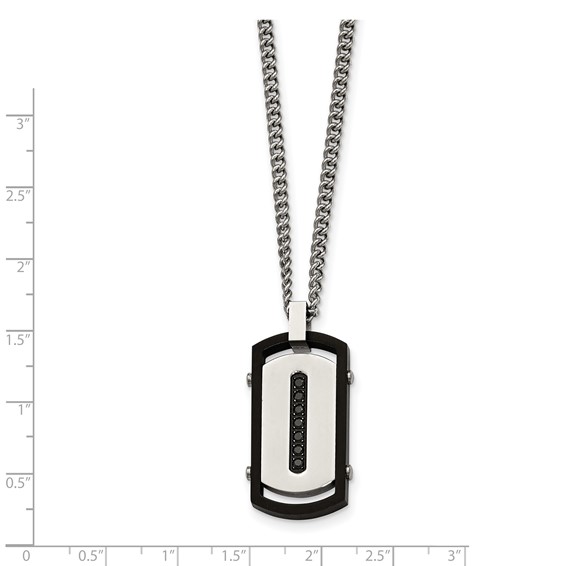 Stainless Steel Brushed/Polished Black IP Rim w/Black CZ Dog Tag Necklace