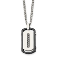 Stainless Steel Brushed Polished Black IP Rim Necklace with Black CZ Dog Tag view 1