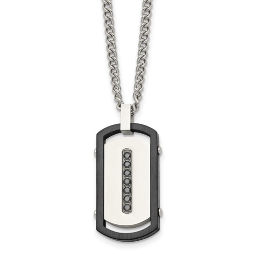 Stainless Steel Brushed Polished Black IP Rim Necklace with Black CZ Dog Tag
