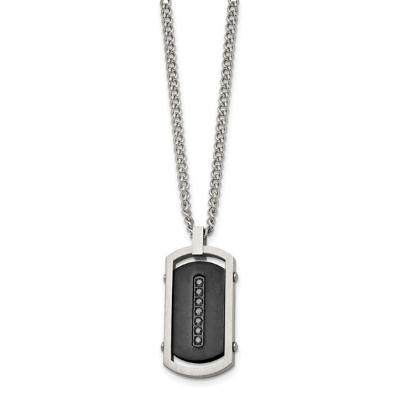 Chisel Stainless Steel Brushed and Polished Black IP-plated Center with Black CZ Dog Tag on a 22 inch Curb Chain Necklace