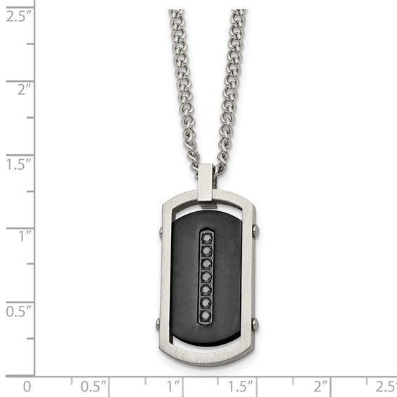Chisel Stainless Steel Brushed and Polished Black IP-plated Center with Black CZ Dog Tag on a 22 inch Curb Chain Necklace