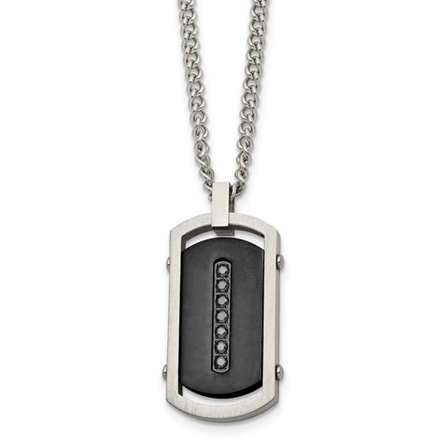 Chisel Stainless Steel Brushed and Polished Black IP-plated Center Necklace with Black CZ Dog Tag on a Curb Chain, 22"