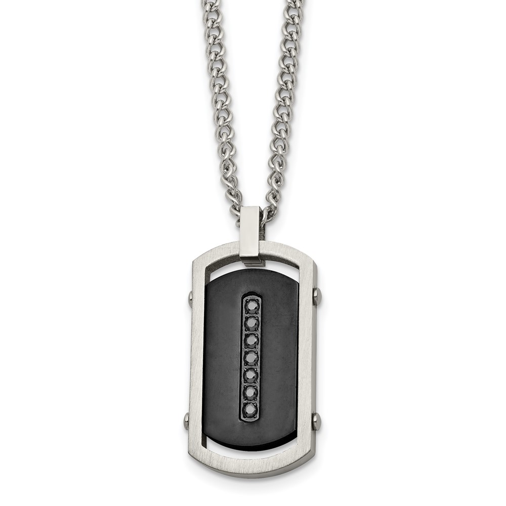 Stainless Steel Brushed/Polished Black IP Center w/Black CZ 22in Necklace
