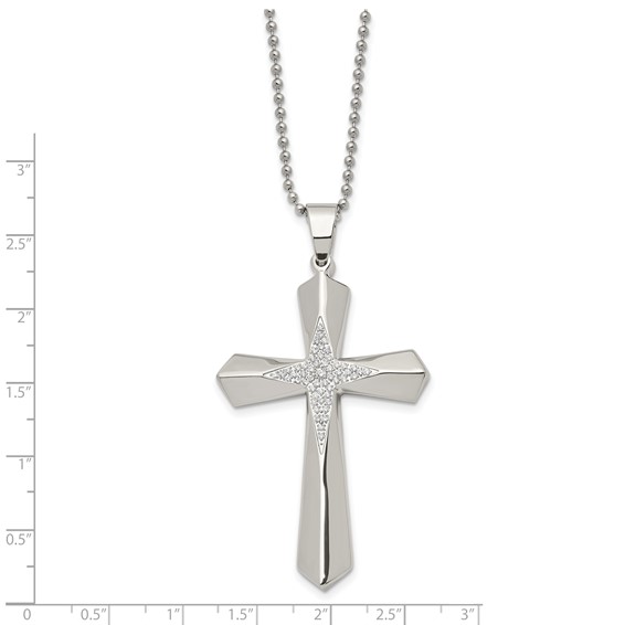 Chisel Stainless Steel Polished with CZ Cross Pendant on a 24.5 inch Ball Chain Necklace