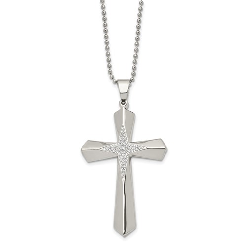 Chisel Stainless Steel Polished Necklace with CZ Cross Pendant on a Ball Chain, 24.5"