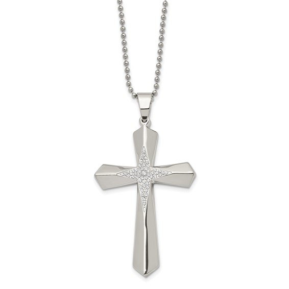 Chisel Stainless Steel Polished with CZ Cross Pendant on a 24.5 inch Ball Chain Necklace