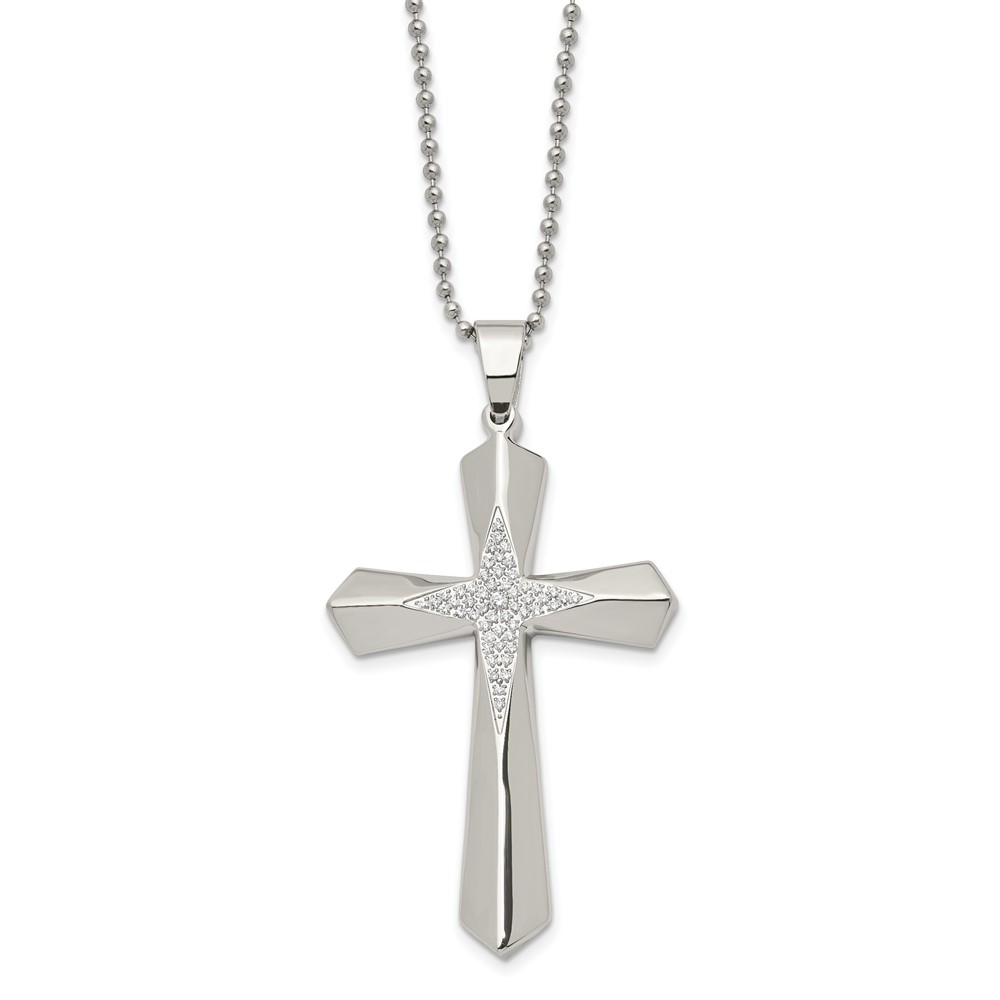 Stainless Steel Polished w/CZ Cross 24.5in Necklace