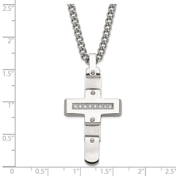 Stainless Steel Polished & Brushed CZ Moveable Cross Necklace