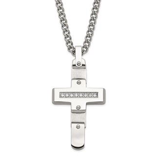 Stainless Steel Polished & Brushed CZ Moveable Cross Necklace