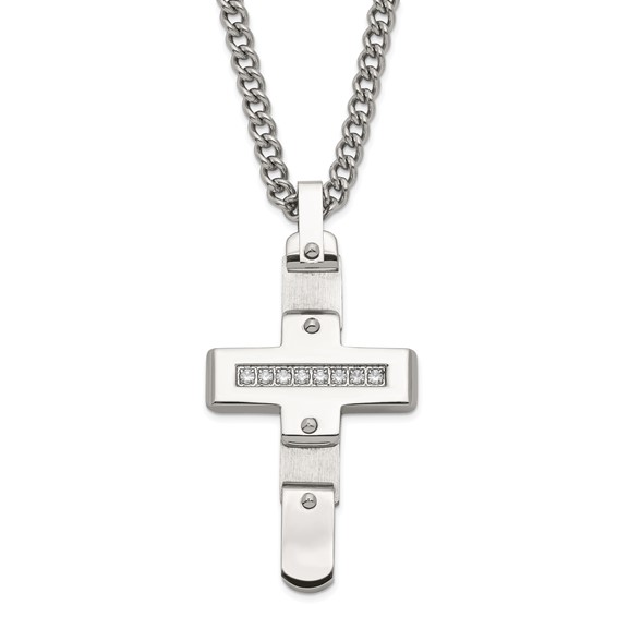 Stainless Steel Polished & Brushed CZ Moveable Cross Necklace