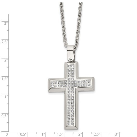 Chisel Stainless Steel Polished CZ Cross Pendant on a 24 inch Cable Chain Necklace