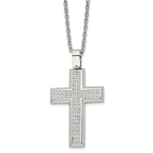 Chisel Stainless Steel Polished CZ Cross Pendant on a Cable Chain Necklace, 24"