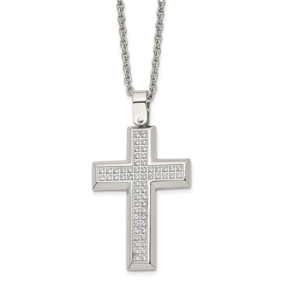 Chisel Stainless Steel Polished CZ Cross Pendant on a 24 inch Cable Chain Necklace
