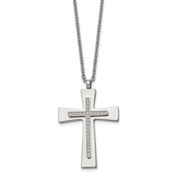 Stainless Steel Polished w/CZ Cross 22in Necklace