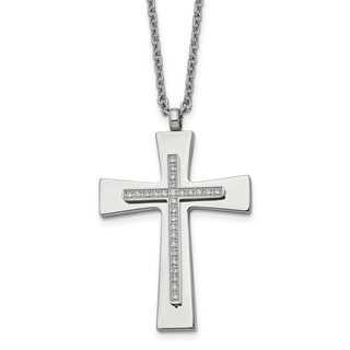 Stainless Steel Polished w/CZ Cross 22in Necklace
