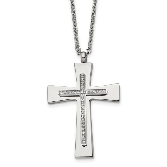 Stainless Steel Polished w/CZ Cross 22in Necklace