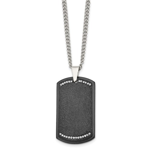 Chisel Stainless Steel Brushed Laser Cut Black IP-plated Necklace with CZ Dog Tag on a Curb Chain, 24"
