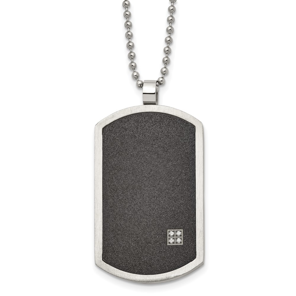 Stainless Steel Brushed Laser Cut Black IP-plated w/CZ Dog Tag Necklace