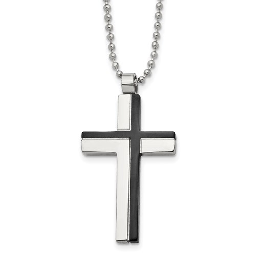 Chisel Stainless Steel Polished Black IP-plated Laser Cut Cross Pendant on a Ball Chain Necklace, 20"