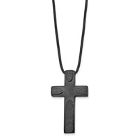 Stainless Steel Brushed LaserCut Blk IP Cross Leather Cord Necklace, 20" view 3