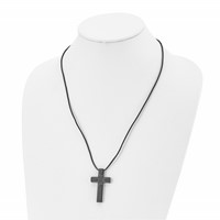 Stainless Steel Brushed LaserCut Blk IP Cross Leather Cord Necklace, 20" view 4
