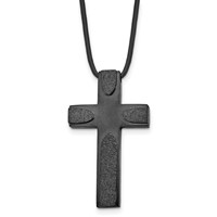 Stainless Steel Brushed LaserCut Blk IP Cross Leather Cord Necklace, 20" view 1