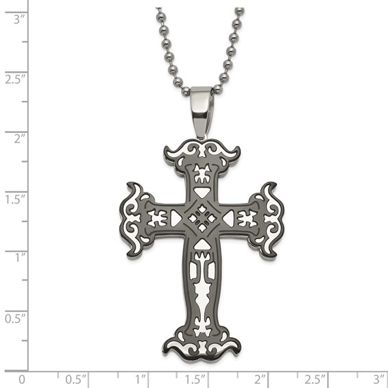 Stainless Steel Polished & Black IP-Plated Cut-out Cross Necklace