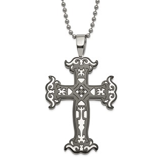 Stainless Steel Polished & Black IP-Plated Cut-out Cross Necklace