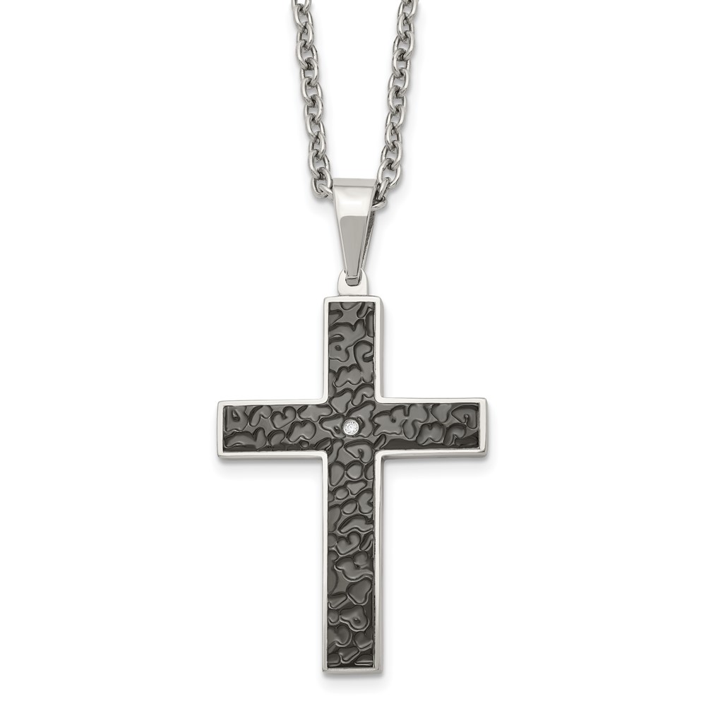 Stainless Steel Polished & Textured Black IP w/CZ Cross Necklace