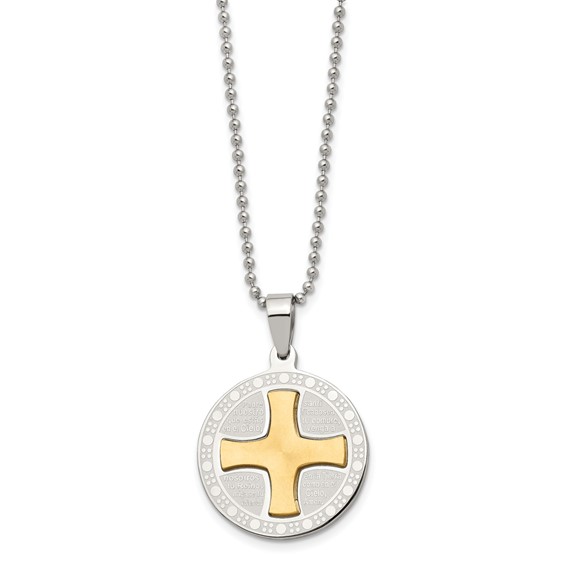 Stainless Steel Brushed/Polished Yellow IP Spanish Lords Prayer Necklace