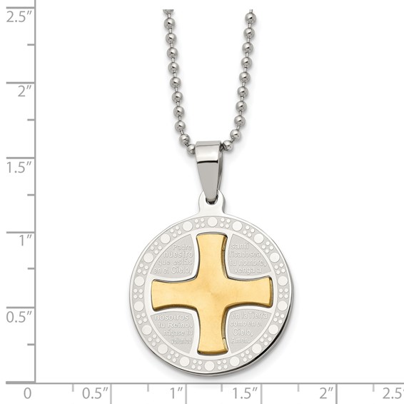Stainless Steel Brushed/Polished Yellow IP Spanish Lords Prayer Necklace