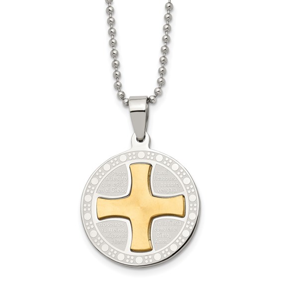 Stainless Steel Brushed/Polished Yellow IP Spanish Lords Prayer Necklace