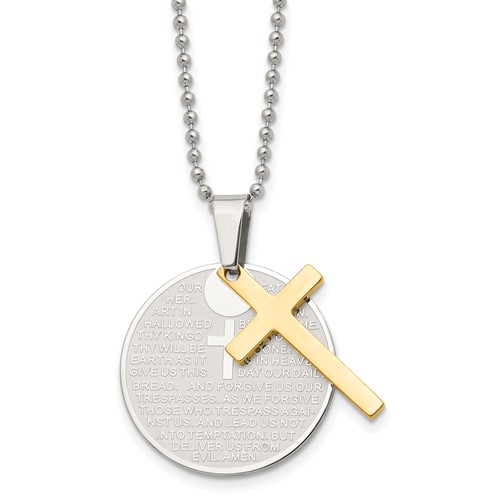 Chisel Stainless Steel Brushedand Polished Yellow IP-plated 2 Piece Lords Prayer Cross on a Ball Chain Necklace, 20"