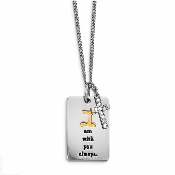 Stainless Steel Polished Yellow IP w/ CZ I AM WITH YOU Cross Necklace