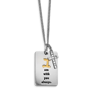 Stainless Steel Polished Yellow IP w/ CZ I AM WITH YOU Cross Necklace