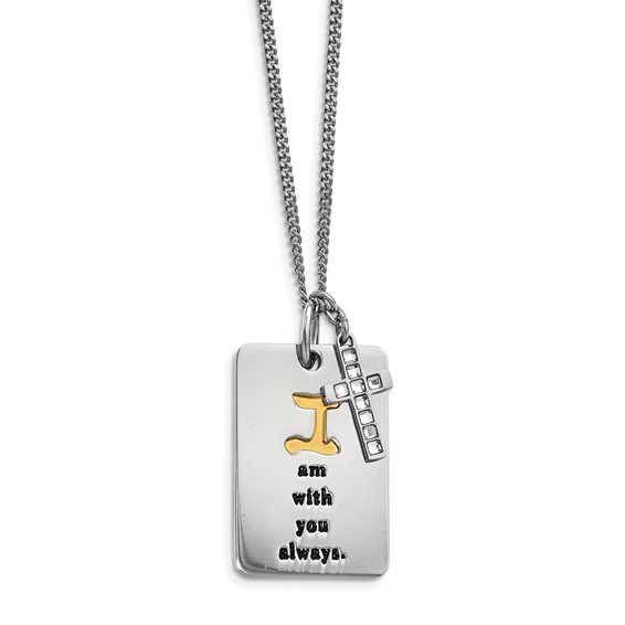 Stainless Steel Polished Yellow IP w/ CZ I AM WITH YOU Cross Necklace