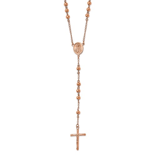 Chisel Stainless Steel Polished Rose IP-plated Rosary Necklace, 30"