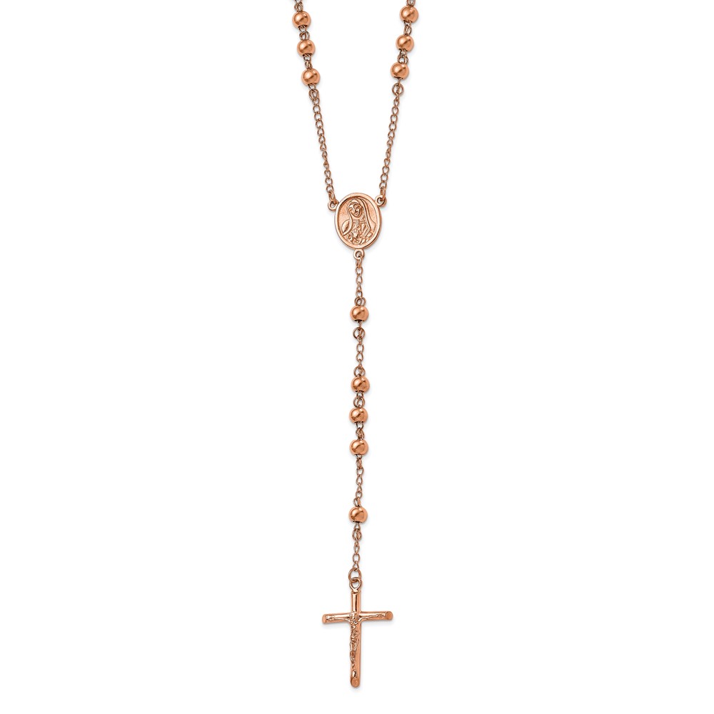 Stainless Steel Polished Rose IP-plated 30in Rosary Necklace