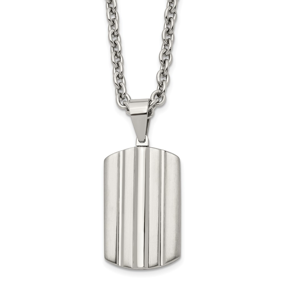 Stainless Steel Brushed and Polished Grooved Dog Tag 24in Necklace