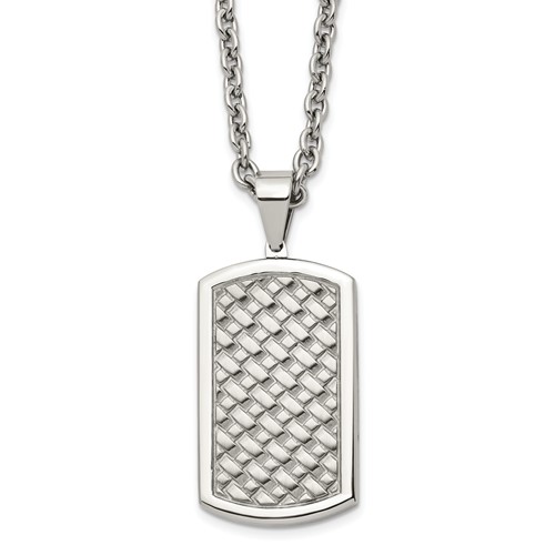 Chisel Stainless Steel Polished Weaved Pattern Dog Tag on a Cable Chain Necklace, 24"