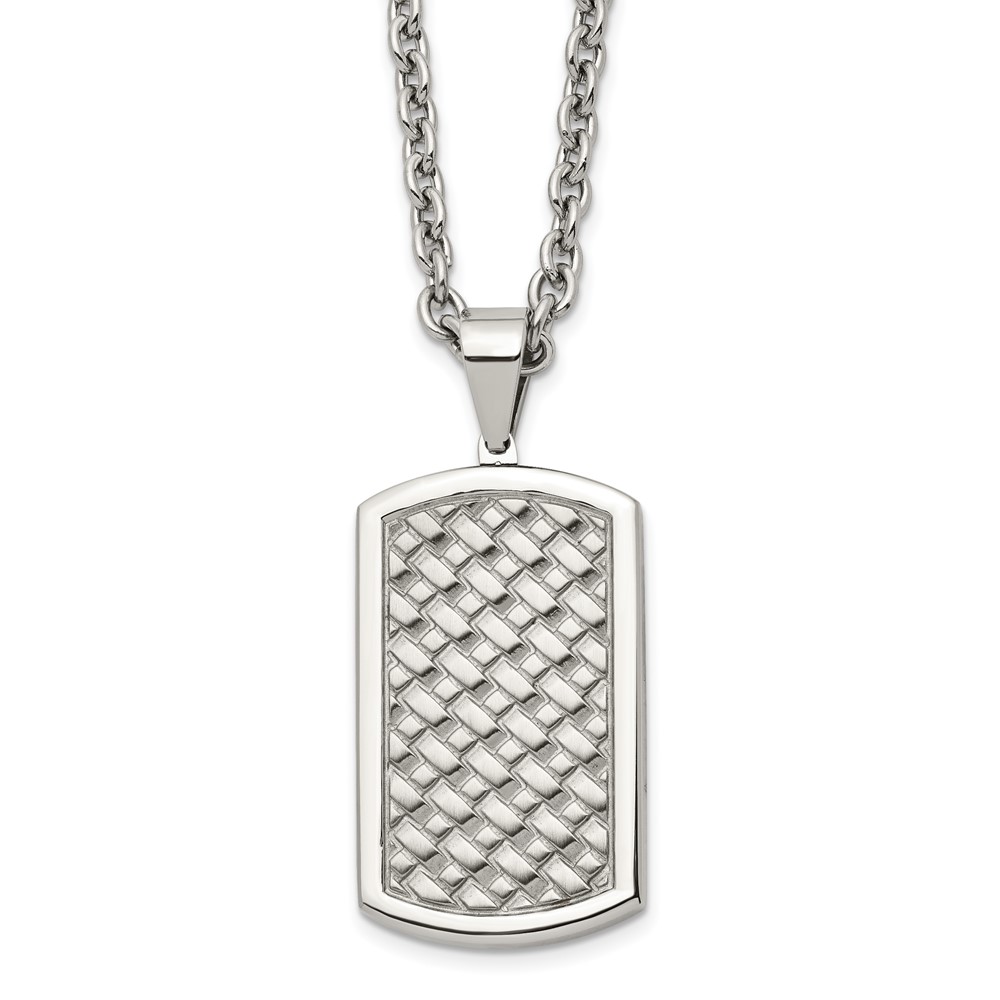 Stainless Steel Polished Weaved Pattern Dog Tag 24in Necklace
