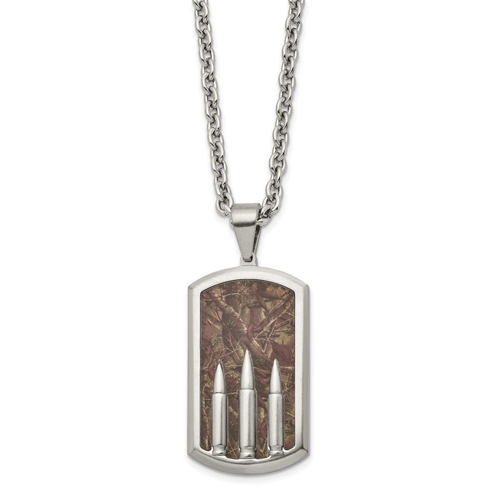 Stainless Steel Polished Enameled Camo Bullet Dog Tag 24in Necklace