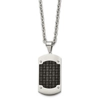 Stainless Steel Brushed Necklace with Black Leather Inlay Dog Tag, 24" view 1