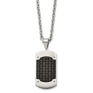 Stainless Steel Brushed w/Black Leather Inlay Dog Tag 24in Necklace