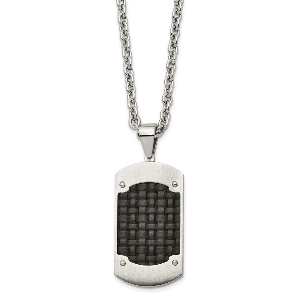 Stainless Steel Brushed w/Black Leather Inlay Dog Tag 24in Necklace