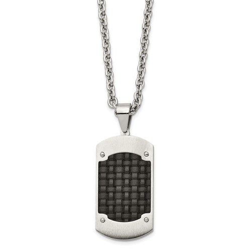 Stainless Steel Brushed Necklace with Black Leather Inlay Dog Tag, 24"