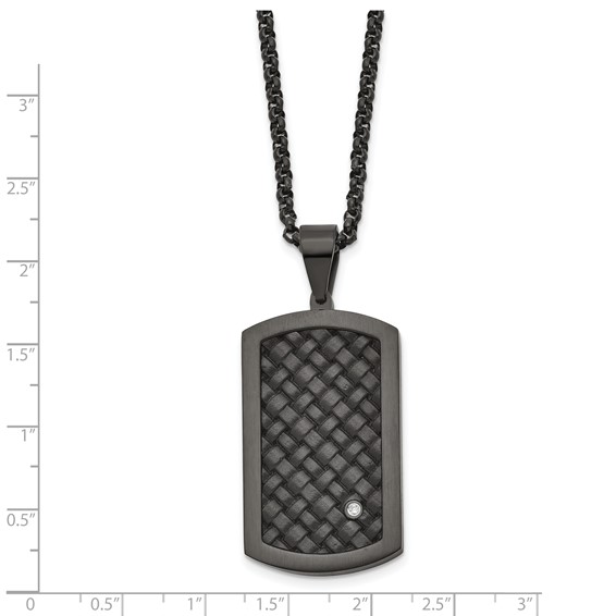 Stainless Steel Brushed Black IP w/Black Leather & CZ Dog Tag Necklace