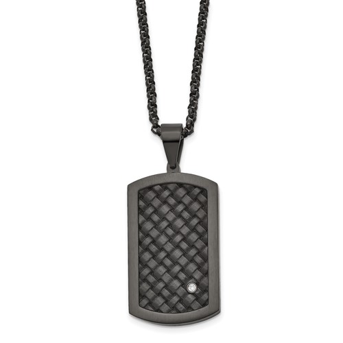 Stainless Steel Brushed Black IP Necklace with Black Leather & CZ Dog Tag