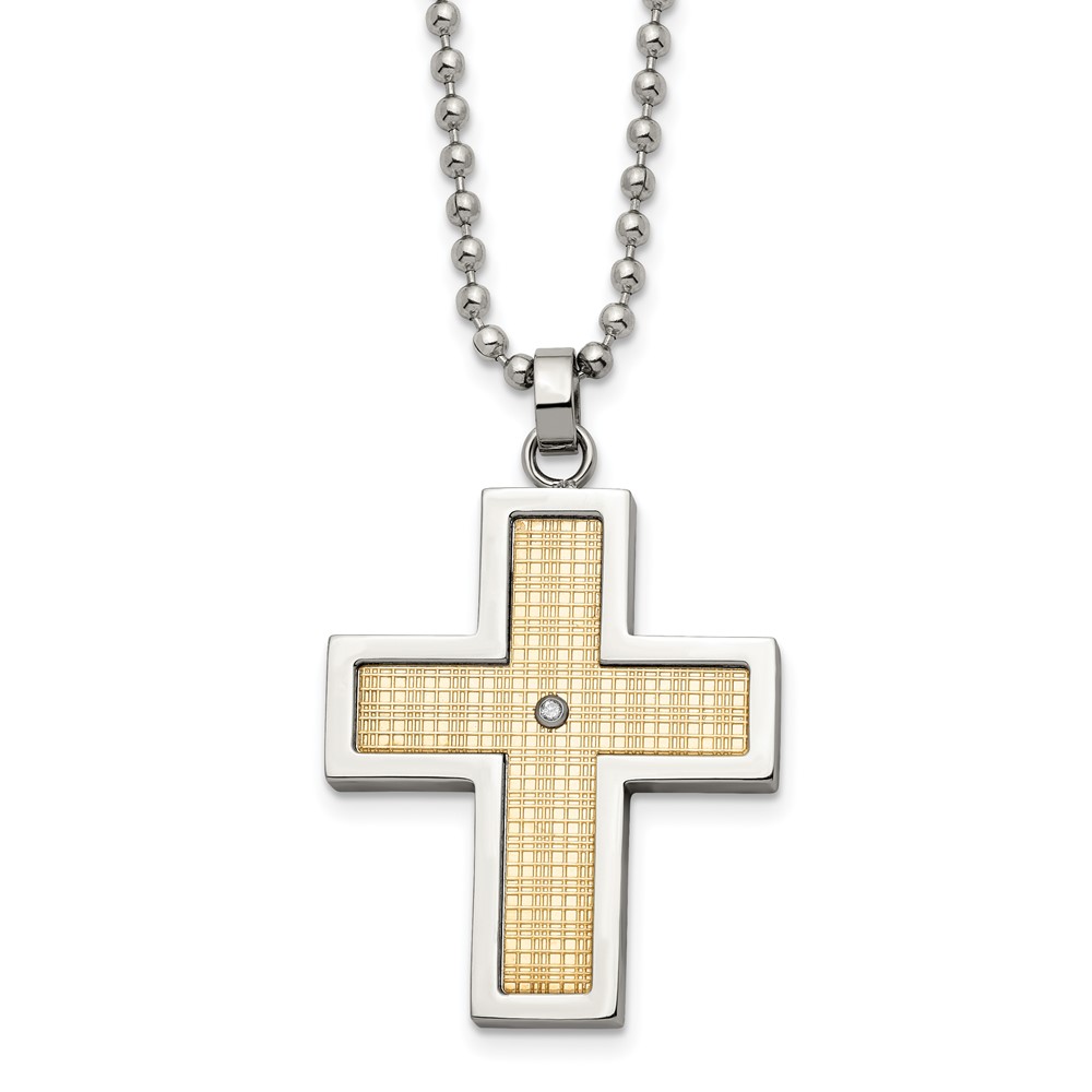 Stainless Steel Polished w/18k Gold Accent & .02ct Dia Cross 24in Necklace